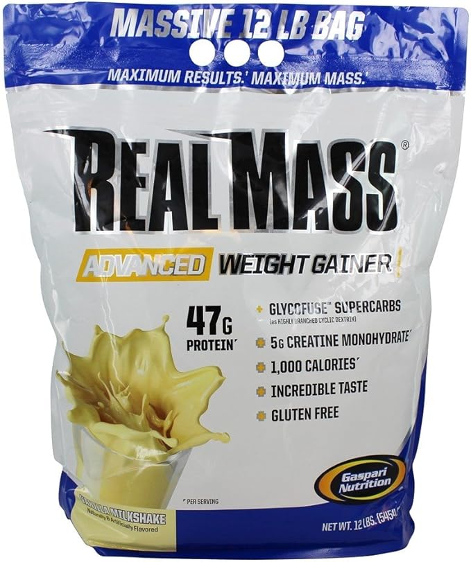 Gaspari Nutrition Real Mass, Advanced Weight Gainer, High Protein, Gycofuse Carbs, and Creatine Monohydrate, Modern Formulation for Mass (12 Pounds, Vanilla Milkshake)