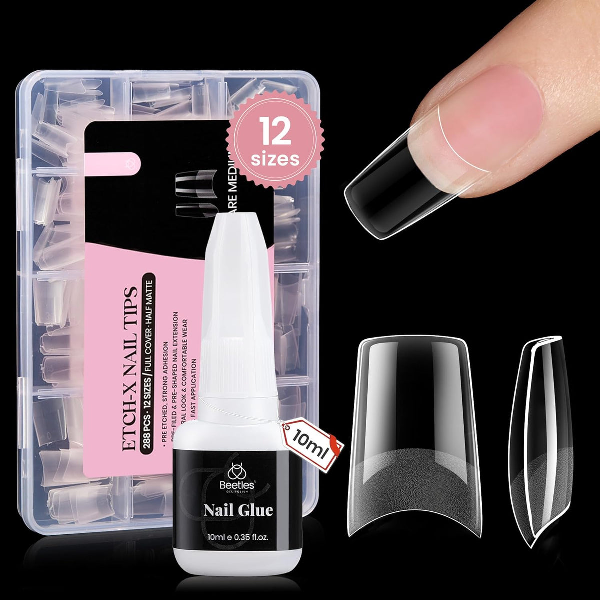 Beetles Gel Nail Tips Kit Etch-X, Square Medium, 288Pcs 12 Sizes, with 10mL Nail Glue, Pre-Etched Half Matte Half Cover Soft Acrylic False Nail Kit for Home DIY Salon Art Fall Press on Nail Extension
