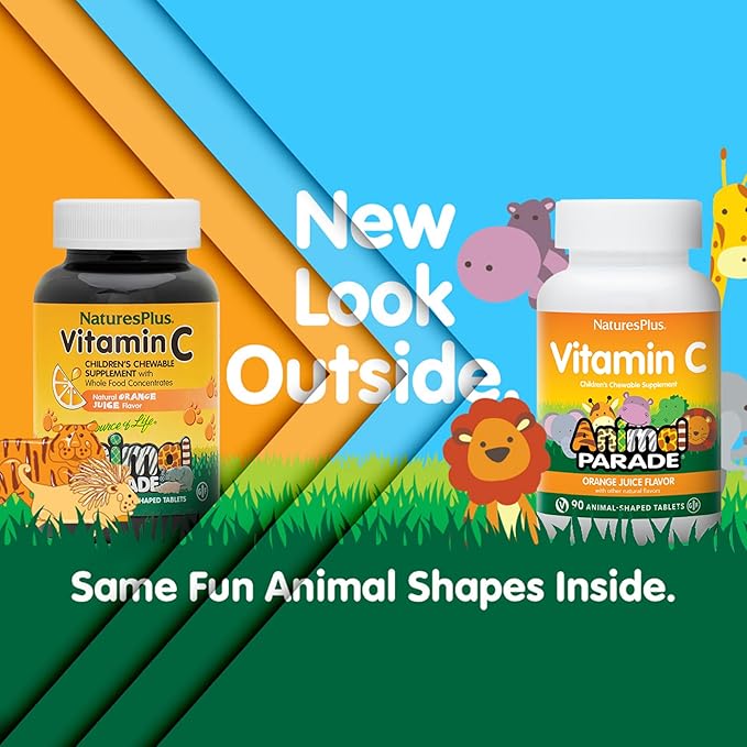 NaturesPlus Animal Parade Vitamin C Children's Chewable - Natural Orange Juice Flavor - 90 Animal-Shaped Tablets, Pack of 2 - Vegan, Vegetarian, Gluten Free - 90 Total Servings