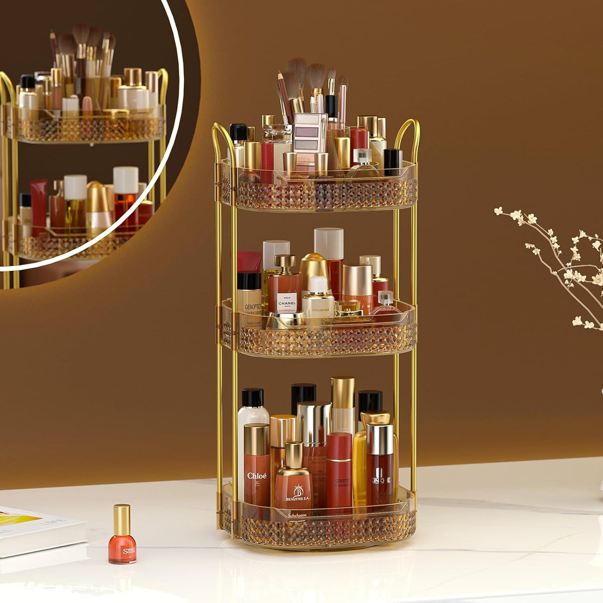 Awenia Rotating Makeup Organizer 360, Stackable Adjustable Large Capacity Cosmetic Storage Unit,Dresser Bathroom Kitchen Countertop Organizer with Metal Handle, Plus Size (Honorable Gold, 3 Tier)