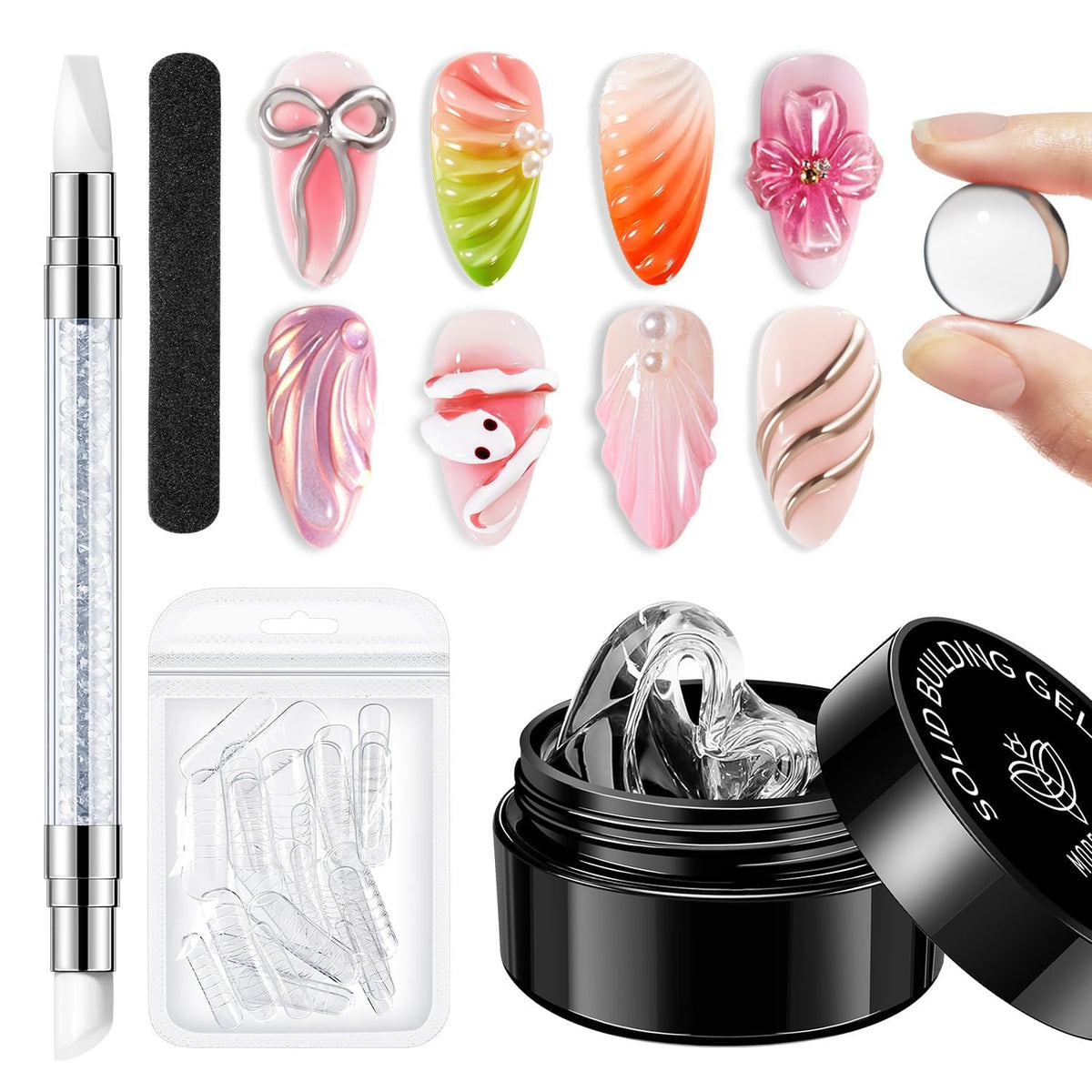 modelones 3D Gel Nail Art Kit, Hard Sculpting Gel for Nail Art Extensions & Molding Non-Sticky for Chrome Powder, Nails Glitter Polish Salon or Home DIY Manicure Cured Needed