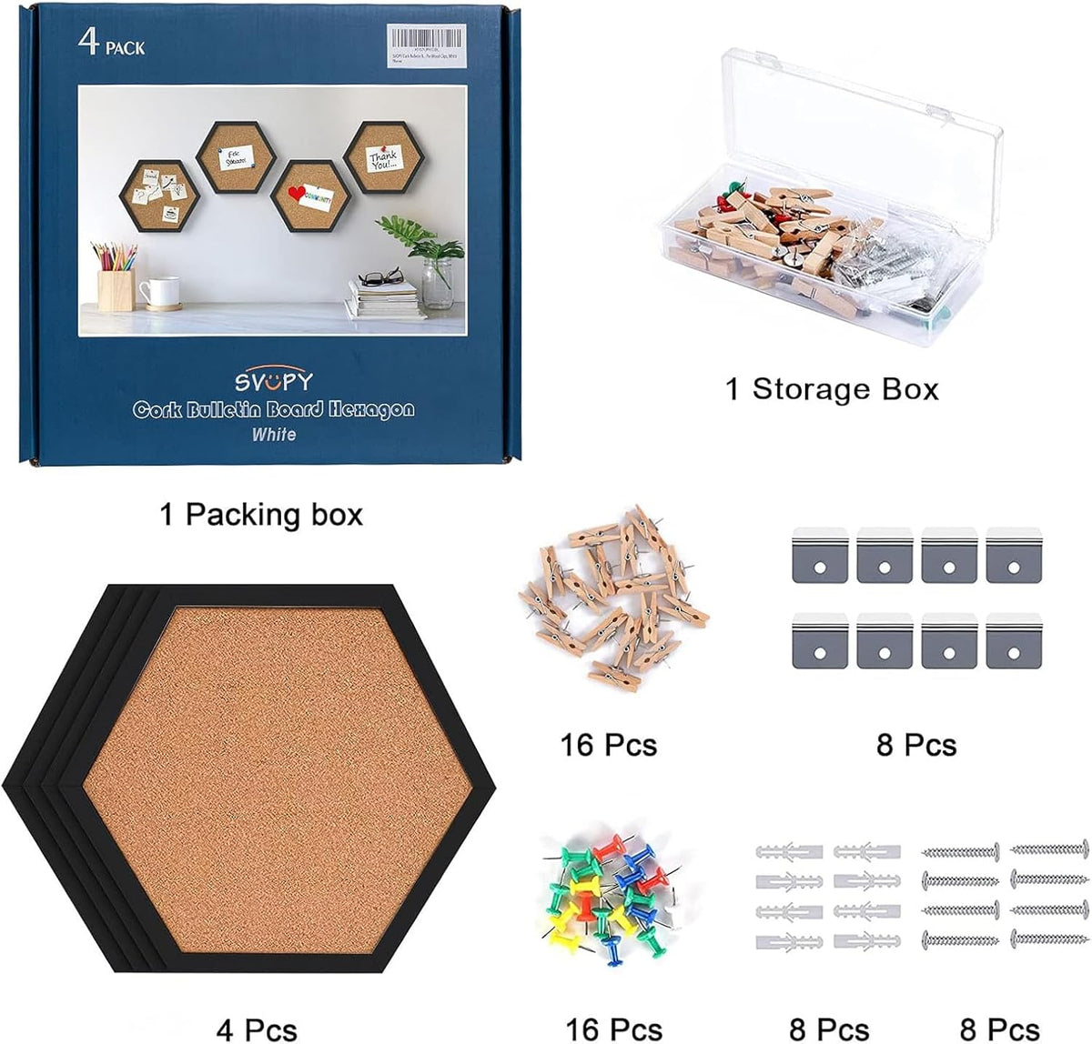 Cork Bulletin Board Hexagon Black, Small Framed Corkboard Tiles for Wall, Thick Decorative Display Boards for Home Office Decor, School Message Board with 16 Push Pin Wood Clips (4 Pack)