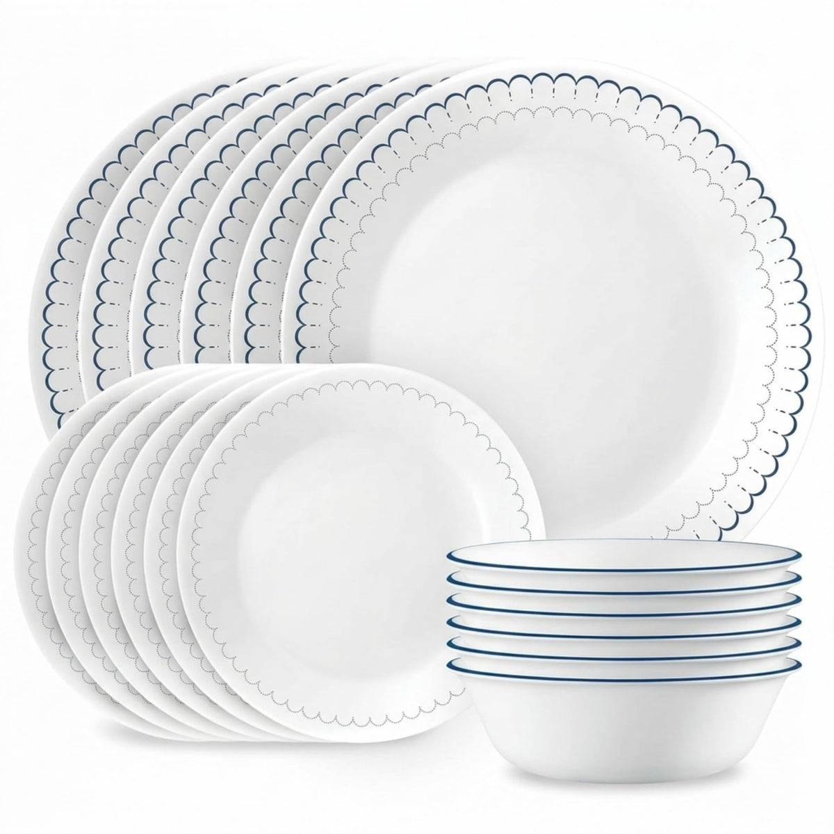 Corelle Everyday 18-PC Dinnerware Set Service for 6, Durable and Eco-Friendly, Higher Rim Glass Plate & Bowl Set, Microwave and Dishwasher Safe, Sadie