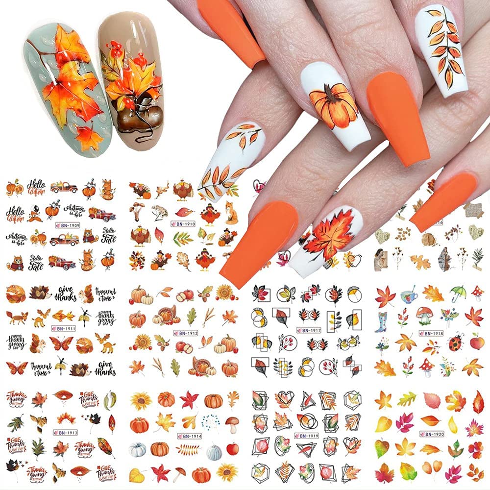 Fall Nail Art Stickers Maple Leaf Water Transfer Nail Decals Nail Supplies Autumn Maple Leaves Pumpkin Turkey Fox Design Watermark Nail Art Decorations Thanksgiving Day Stickers Manicure Tips 12Pcs