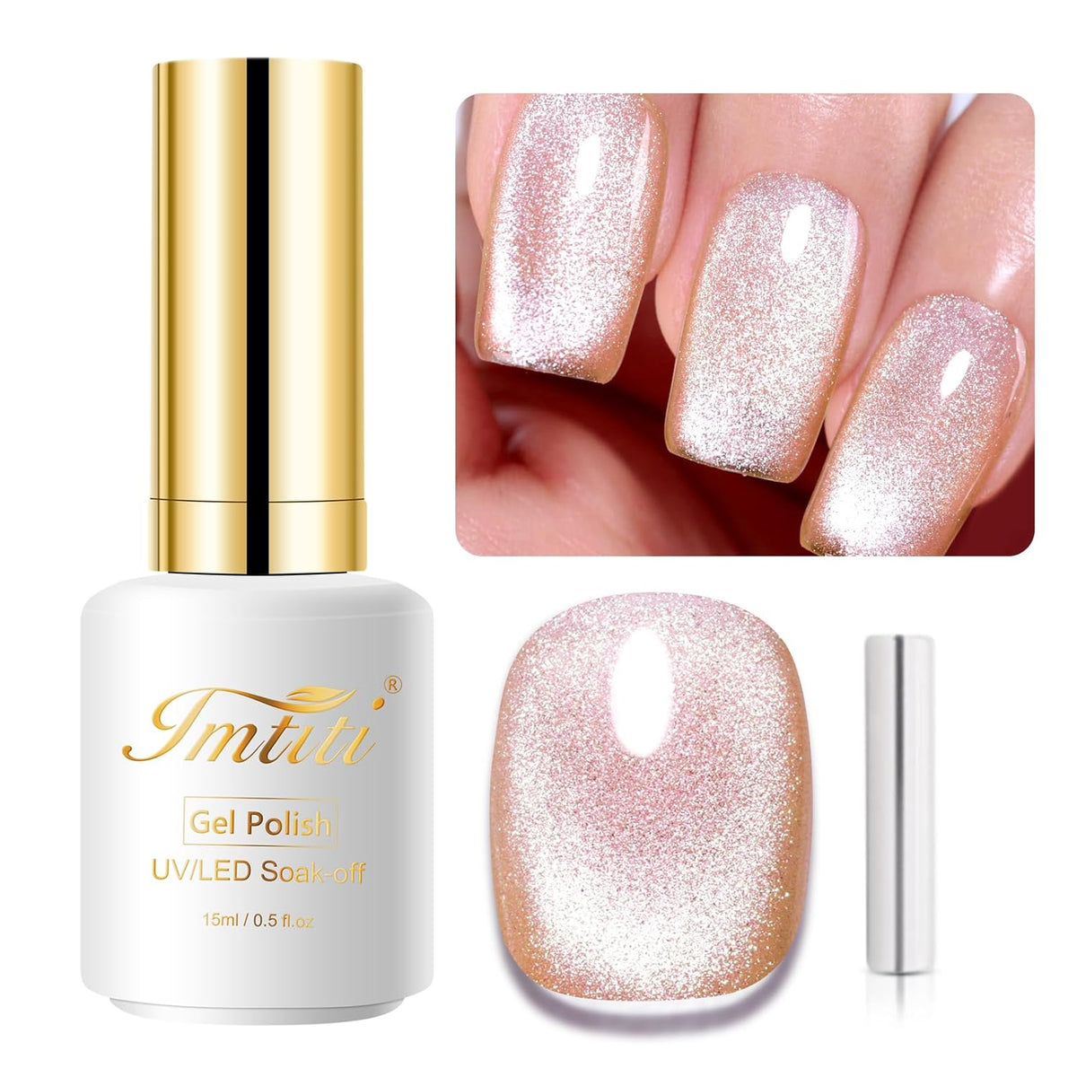 Imtiti Champagne Gold Gel Nail Polish,0.5fl oz Holographic 9D Cat eyes Glitter Magnetic Gel Polish UV Gel Nail Polish with Magnetic Stick for Nail Salon