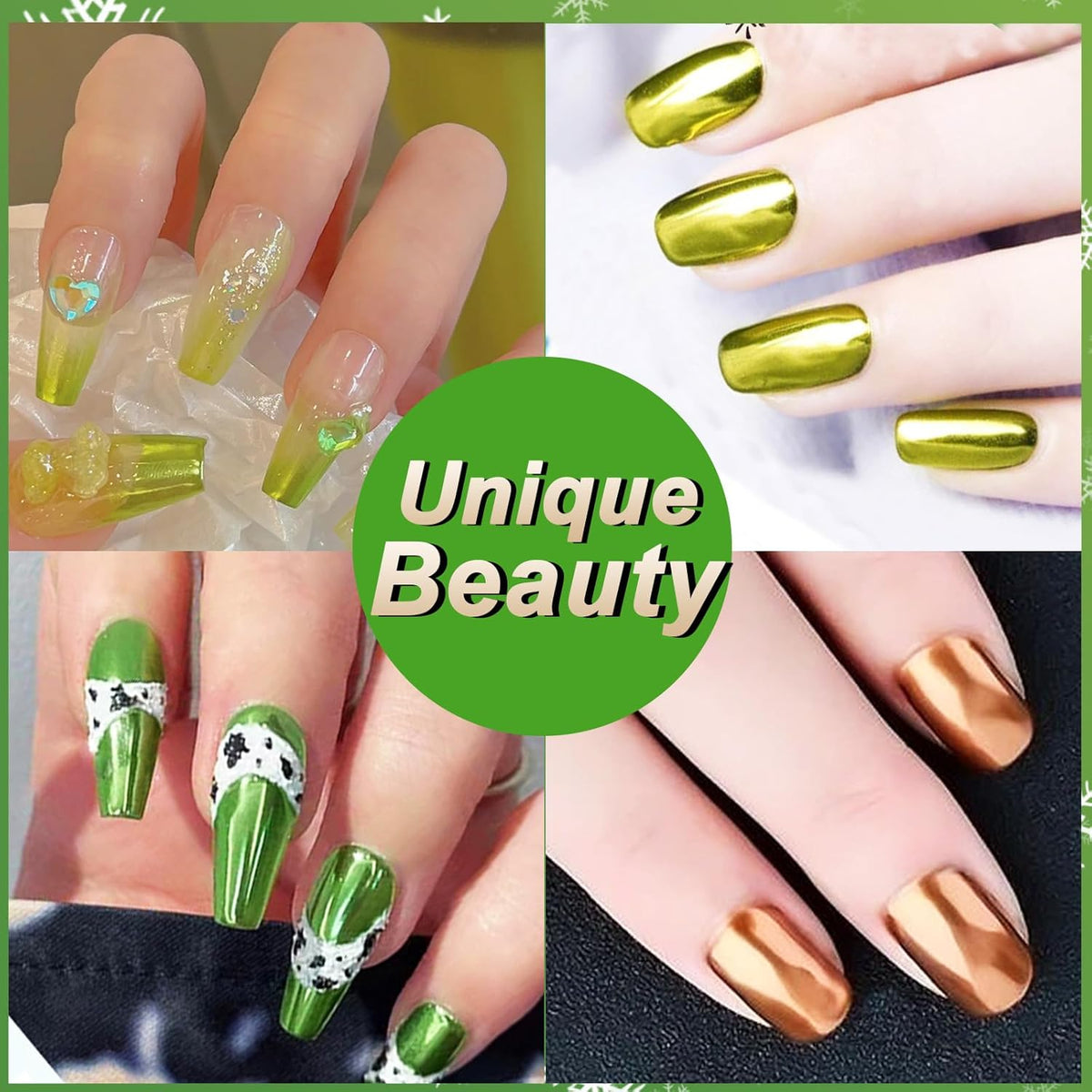 Allstarry Green Chrome Nail Powder, 2 Colors Metallic Effect Mirror Chrome Powder Pigment Manicure Glitter Kit for Gel Polish St Patricks Day Nail Art St Patty's Day Accessories - Wheat Field Green