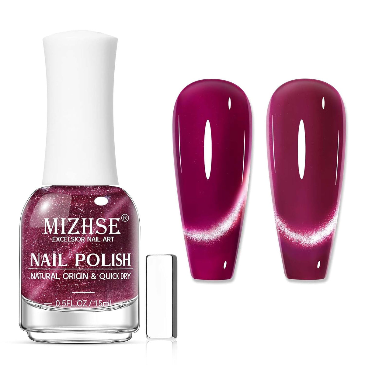 MIZHSE Quick Dry Cat Eye Nail Polish, Cherry Red Magnetic Nail Polish with Magnet, Air Drying Fast 15ml Cateye Nail Lacquer for Women Girls Non-Gel Nail Art Manicure DIY Home