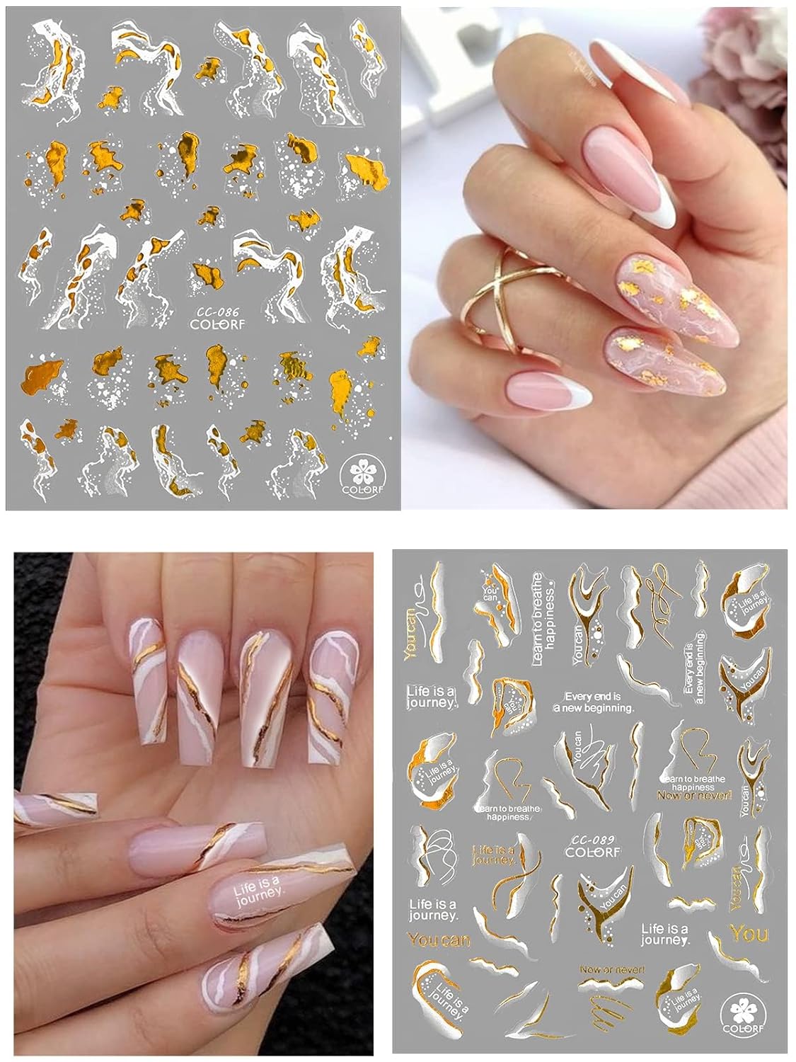 12 Sheets Nail Art Stickers Decals,TOROKOM Self-Adhesive White Black Gold Stripe Line Nail Decals Marble Wave Nail Sticker Supplies for 3D Nail Design Nail Accessories for Women French Nail Decoration