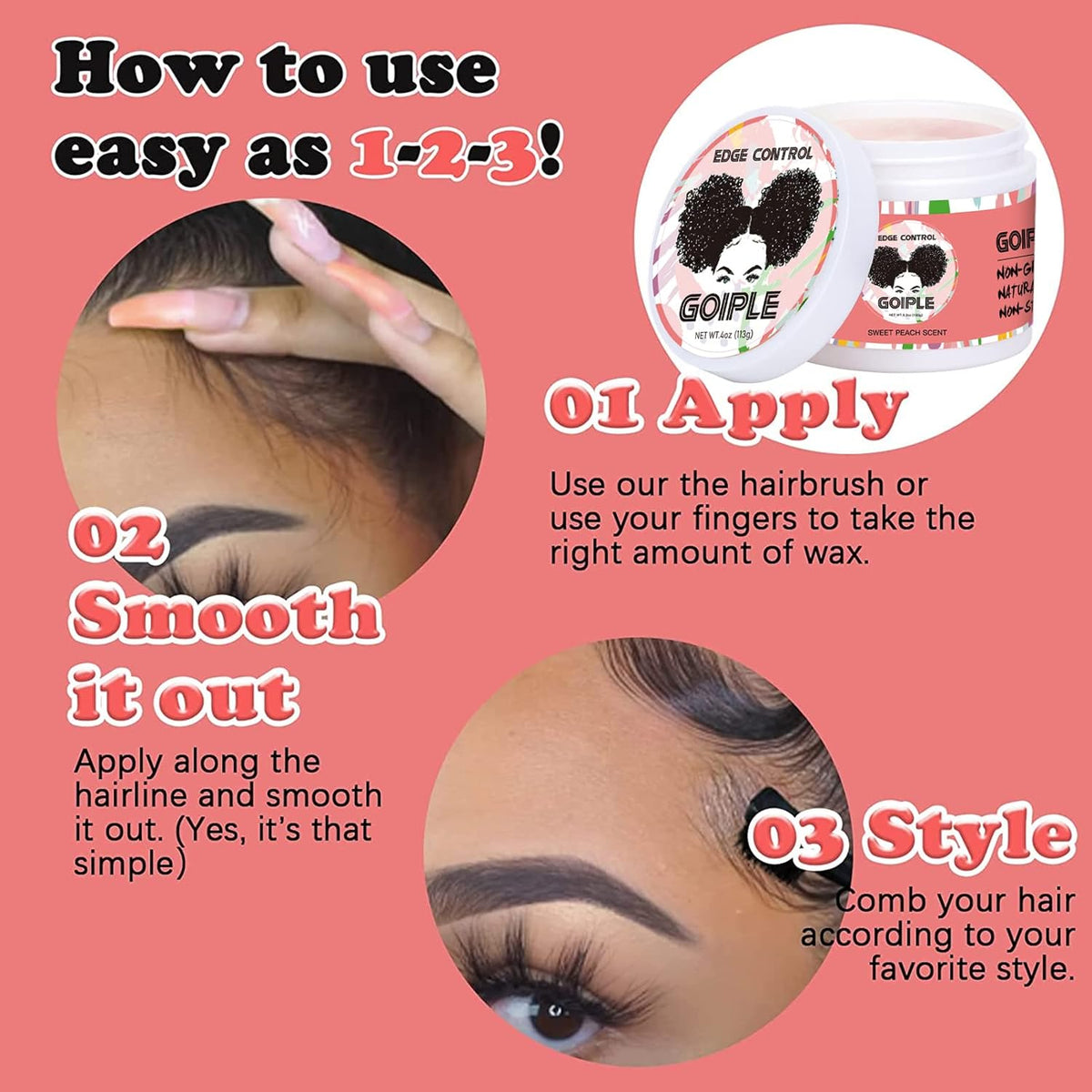 Edge Control Wax for Women Strong Hold Non-greasy Edge Control Smoother Edge Wax, Edge Wax Styling Gel Edge Control for Black Hair No Flaking, White Residue, Shine and Smooth (edge control-6pcs)