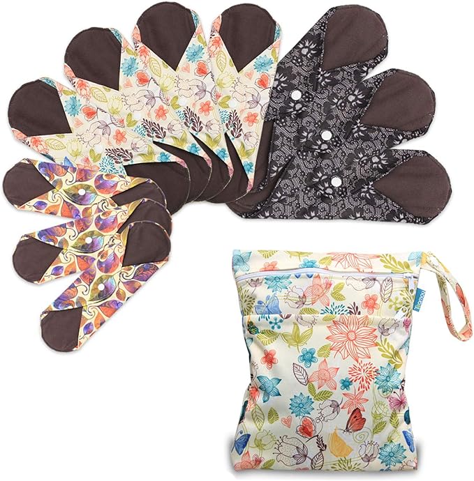 Teamoy 10Pcs Sanitary Pad, Reusable Washable Cloth Menstrual Pads/Panty Liners with Wet Bag, Super-Absorbent, Soft and Comfortable(3pcs×7.9"+4pcs×10"+3pcs×11.6")