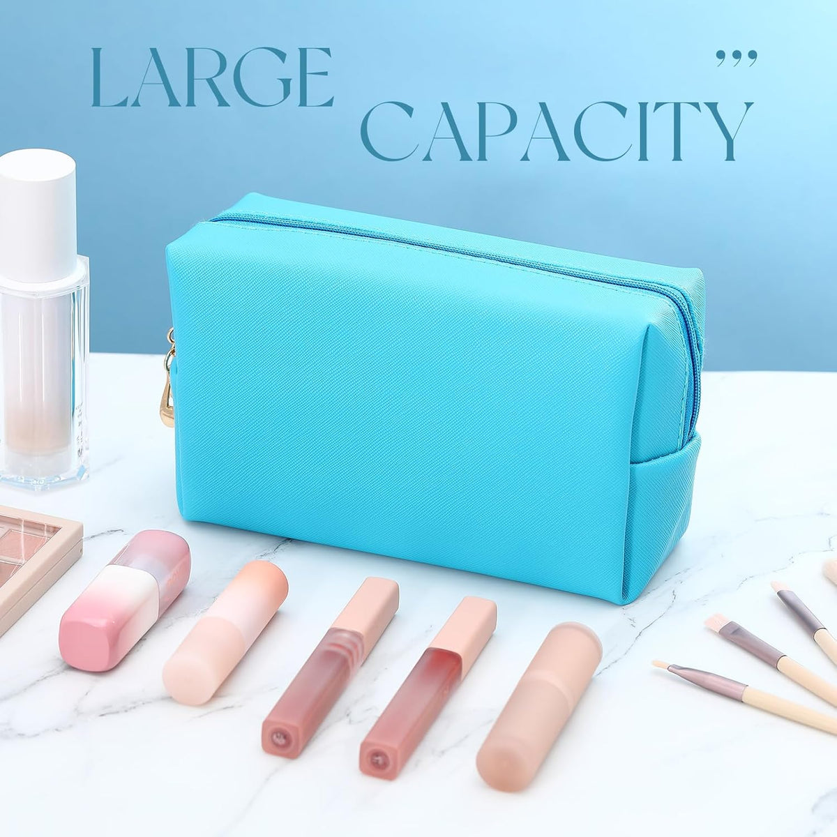 Kigeli 15 Pcs Aesthetic Makeup Bags PU Leather Cosmetic Pouches Waterproof Plain Toiletry Bags Makeup Pouches Bulk for Women Party Gift Travel Storage Organizer(Blue Teal)