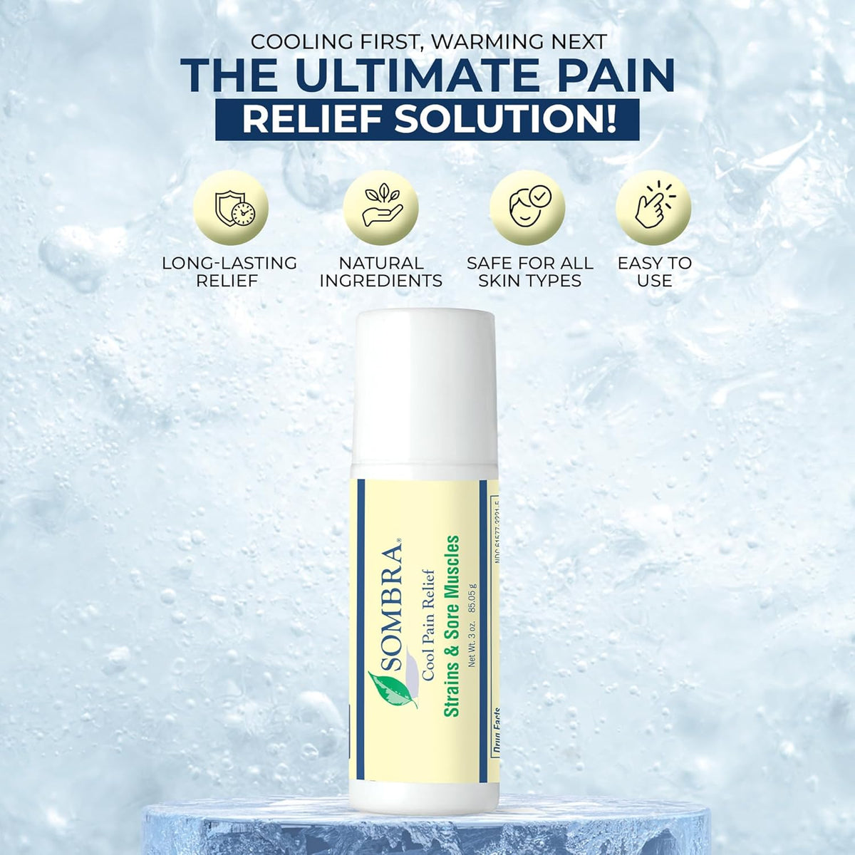 Sombra Cool Pain Relief Gel Cold Pain Relief for Swelling, Growing Pains, Soreness, Post-Workout, Vegan Formula Free of Artificial Fragrances, Dyes, NSAID, Wax, Petroleum, Alcohol - 3oz Roll-On