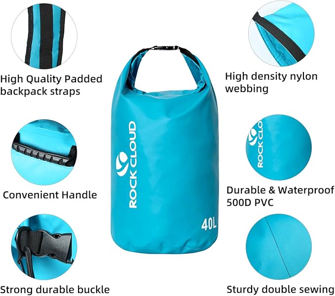 ROCK CLOUD Dry Bag Waterproof 40L Dry Sack for Kayaking Rafting Boating Beach Surfing Swimming Canoe Camping Hiking Fishing Ski