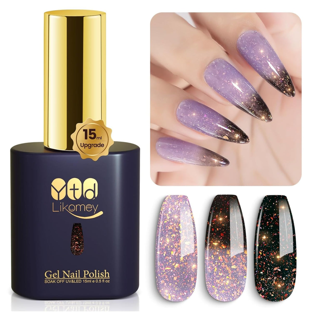 YTD Likomey Brocade Glitter Color Changing Gel Nail Polish,15ml Grayish Purple To Black Shimmer Mood Temperature Change Colors Iridescent Flakes,Fall Winter Ombre Thermal UV Gel,WB348