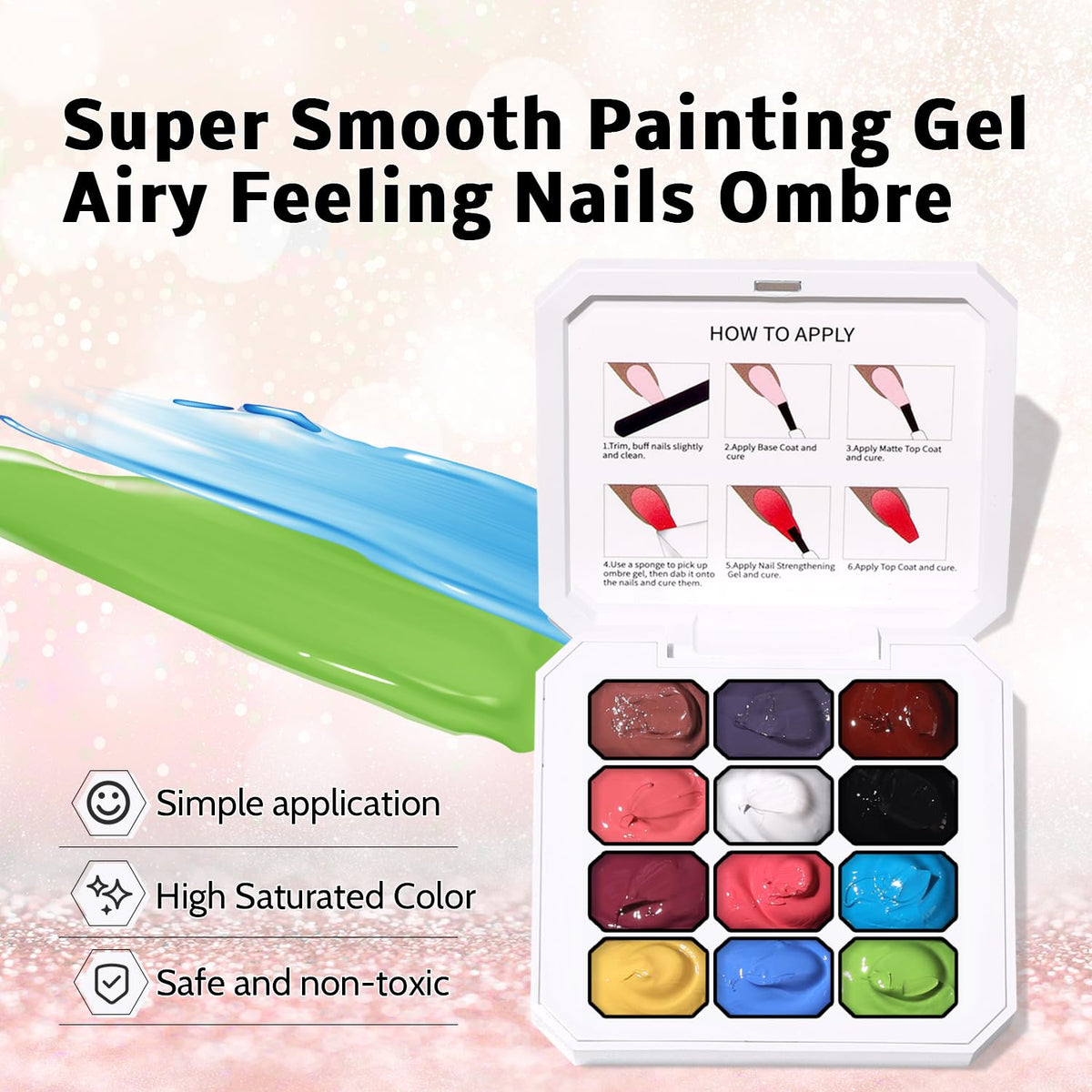 Sponge Pat Paint Nail Gel, Ombre Nails Gradient Gel Nail Blush Blooming Aura Nails Drawing Stripper Floral Painting DIY Nail Art, No Wipe, UV/LED Curing (12 Colors D)