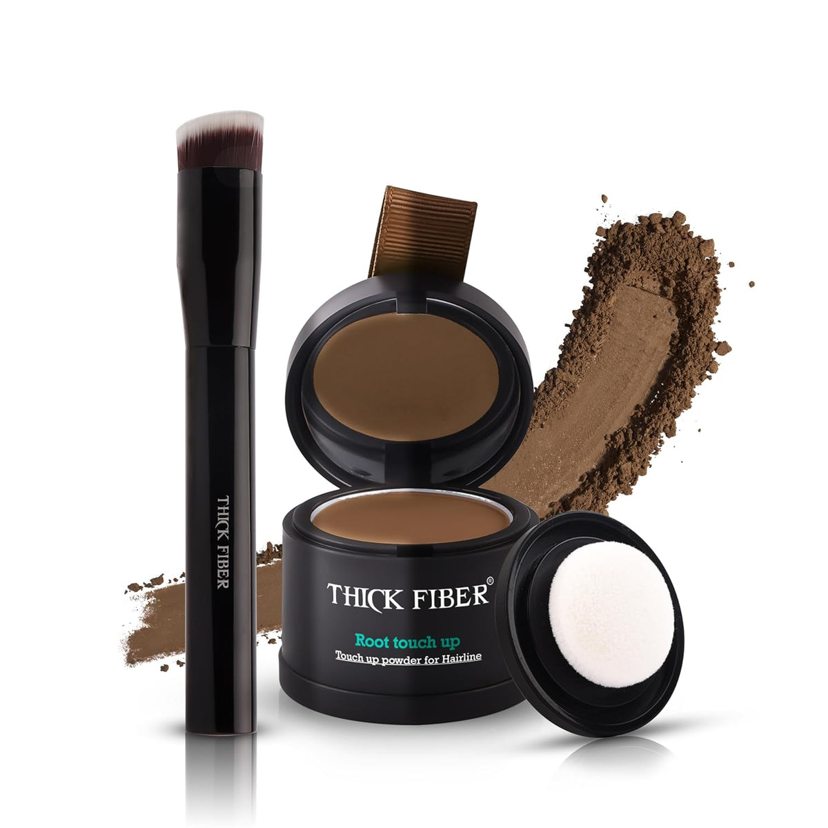 THICK FIBER Root Touch Up and Hairline Concealer - Water & Sweat Resistant Hair Loss Powder Set for Thinning Hair, Includes Brush (Light Brown)