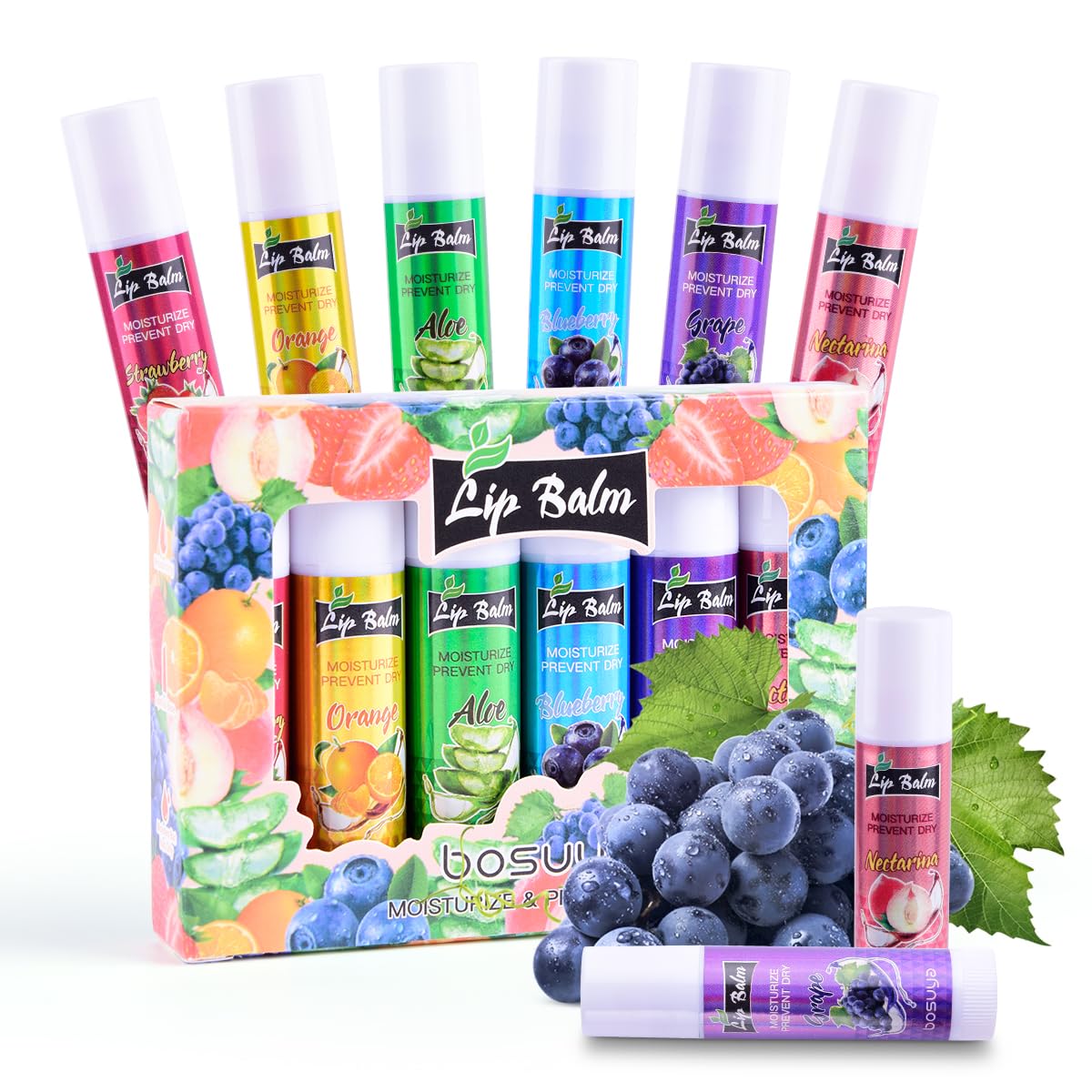 6 Pack Lip Balm, Fruit Flavoured Lip Balms, All Day Moisturising, Soft Natural Lip Balm with Vitamin E and Coconut Oil for chapped or dry lips.