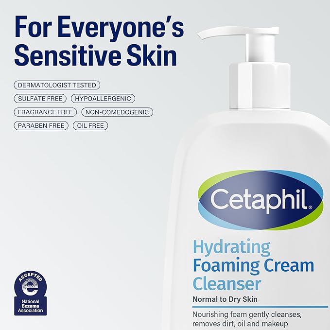 Cetaphil Cream to Foam Face Wash, Hydrating Foaming Cream Cleanser, 8 oz, For Normal to Dry, Sensitive Skin, with Soothing Prebiotic Aloe, Hypoallergenic, Fragrance Free