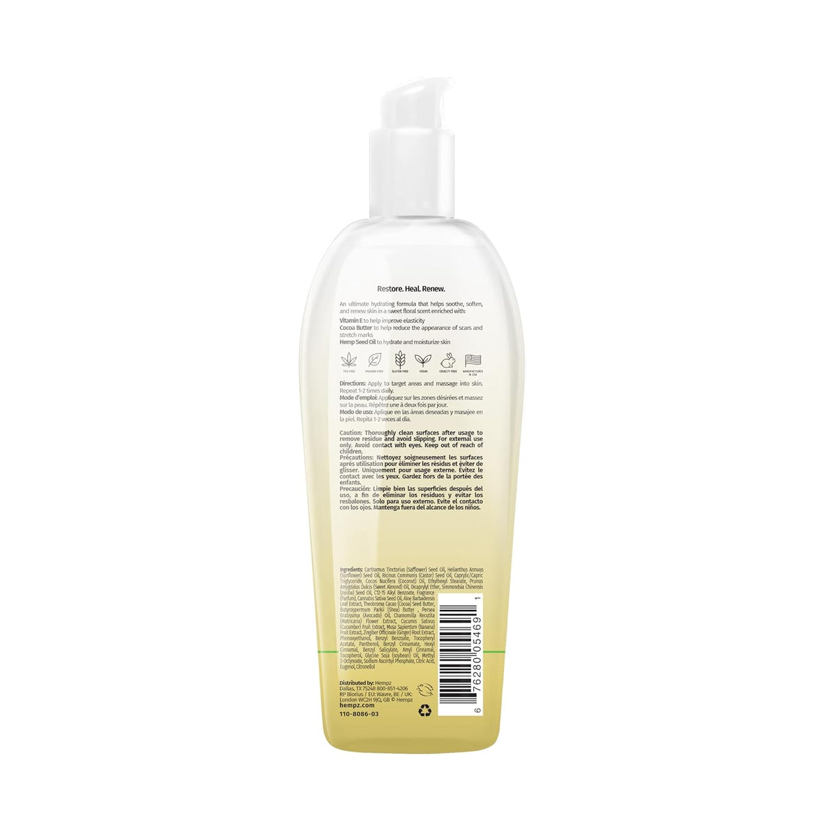 HEMPZ Original Floral Banana Hydrating Body Oil for Scars & Stretchmarks - Moisturizing Vitamin Rich Hempseed Formula for Restoring Damaged or Extremely Dry Skin, for Men or Women, 6.76 Oz