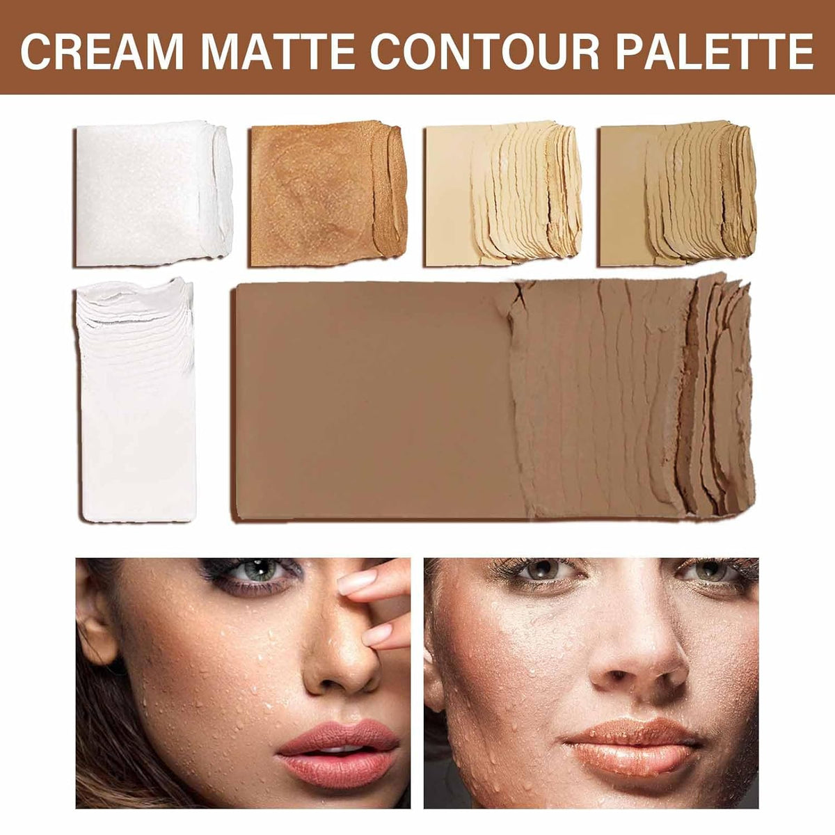 Boobeen 6 Colors Cream Contour Makeup Palette, Highlighter and Bronzer Palette Powder Kit with Mirror&Brush, Waterproof Concealer for Women