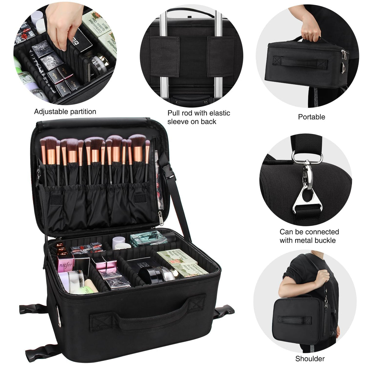 Relavel Rolling Makeup Case Professional Makeup Train Case Makeup Artist Travel Organizer 5 in 1 with Detachable Cosmetic Case and Dual Makeup Brush Case and Wheels (Black, 4-Pack)