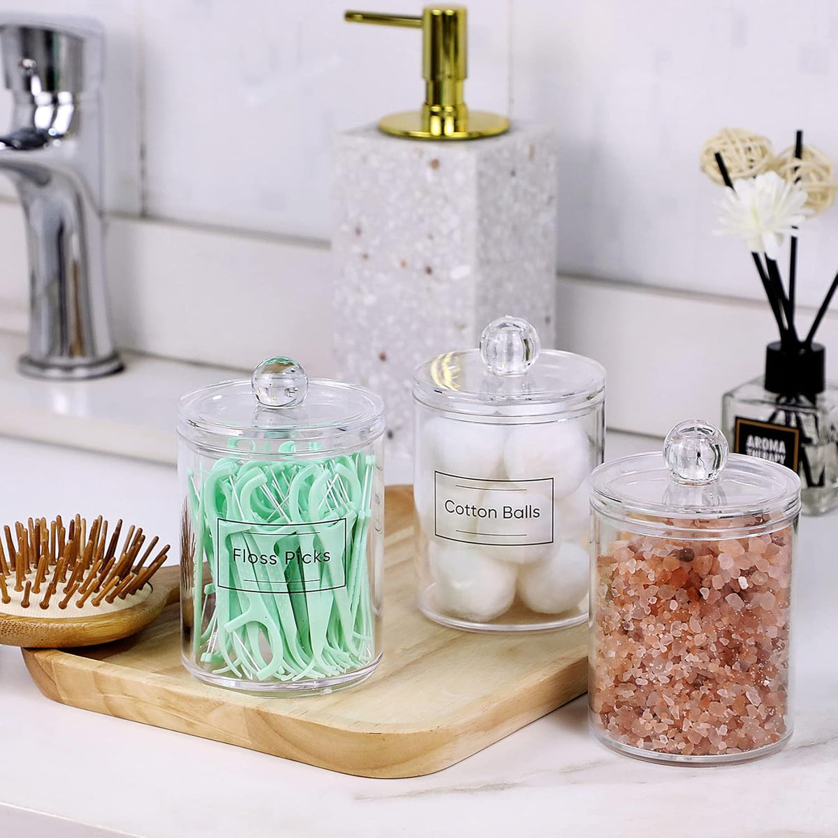 AOZITA 3 Pack Acrylic Qtip Holder Dispenser for Cotton Swab, Ball, Round Pads, Floss Picks - 10 oz Clear Plastic Apothecary Jar Set for Bathroom Canister Storage Organization, Vanity Makeup Organizer