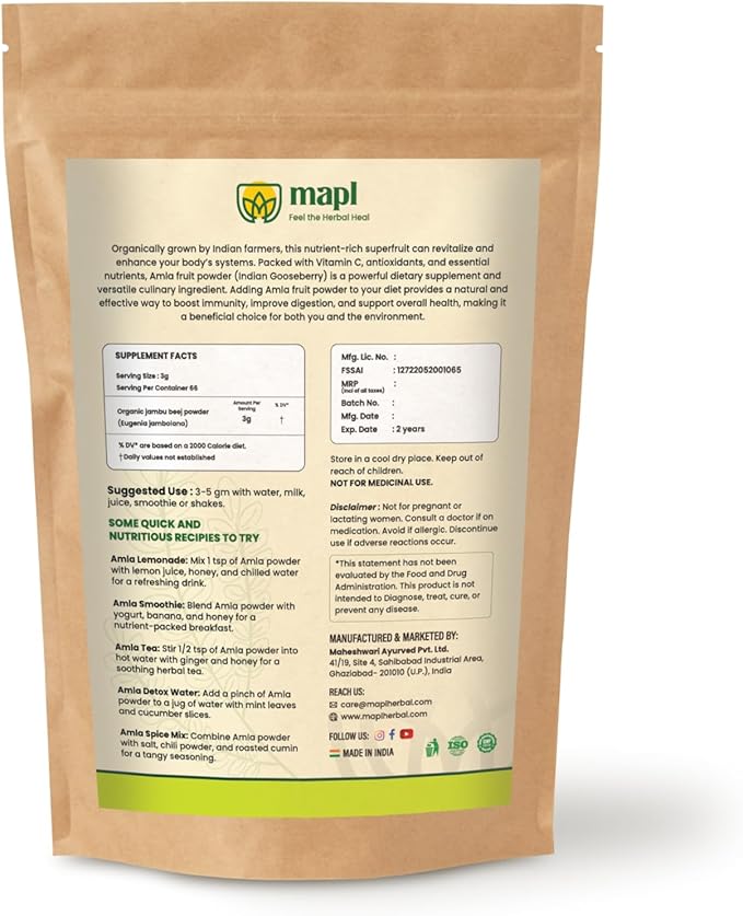 MAPL Pure Amla Powder (7.5 oz)– Organic,Super food for Skin Glow, Hair Growth, Digestion –| Indian Gooseberry Powder| Resealable Zip Lock Pouch
