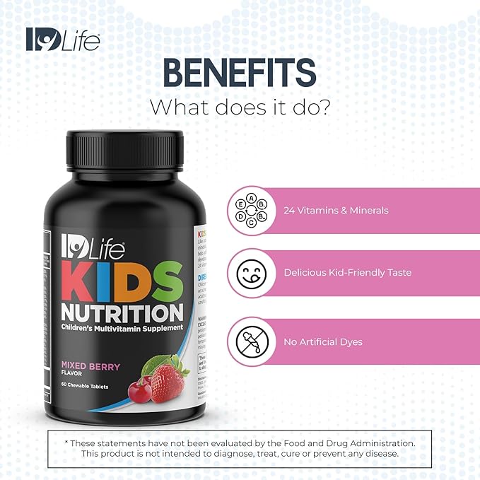 IDLife Mixed Berry Kids Nutrition Chewable Tablets - Essential 24 Vitamins & Minerals for Growing Bodies - Daily Nutritional Support - 60 Count
