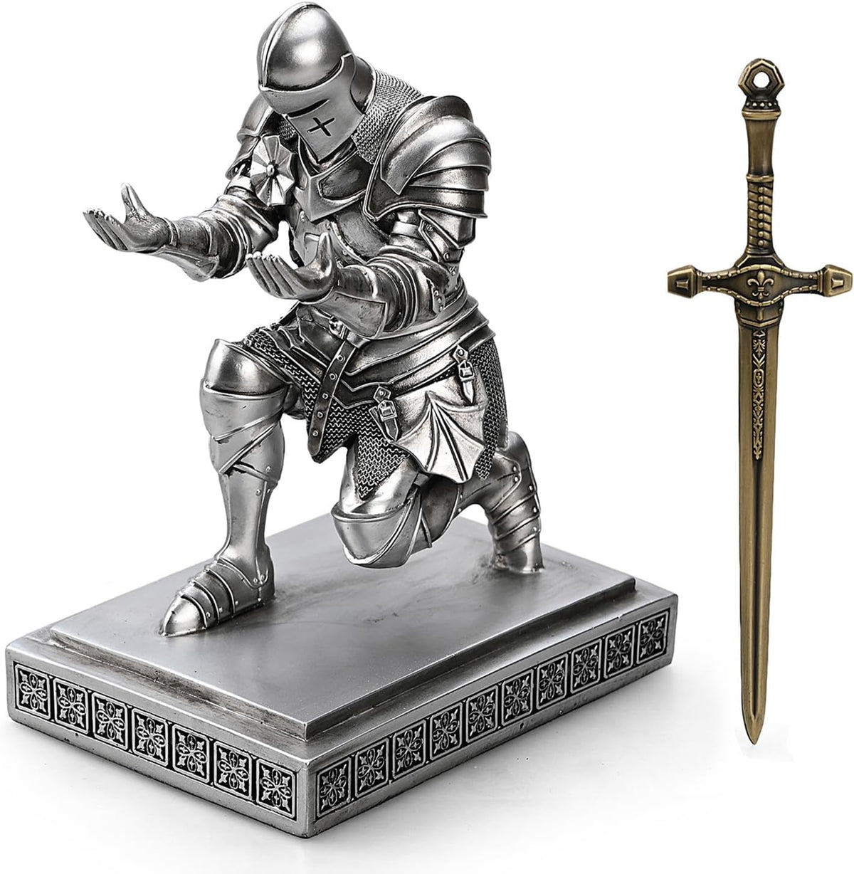 Medieval Armored Warrior Knight Pen Holder Desk Organizers and Accessories Resin Pencil Holder Paperweight as Gift with a Cool Letter Opener for Desk (Silver)