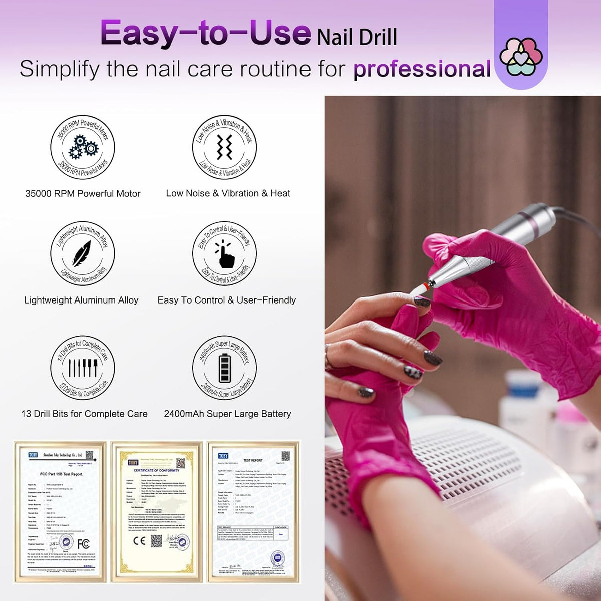 SAVILAND Portable Electric Nail Drill: 35000RPM Nail Drill 10 Hours Efile Portable Rechargeable Nail Machine 13 Drill Bits Ceramic Drill Bit Grey Purple Nail File Home Use Manicure Pedicure