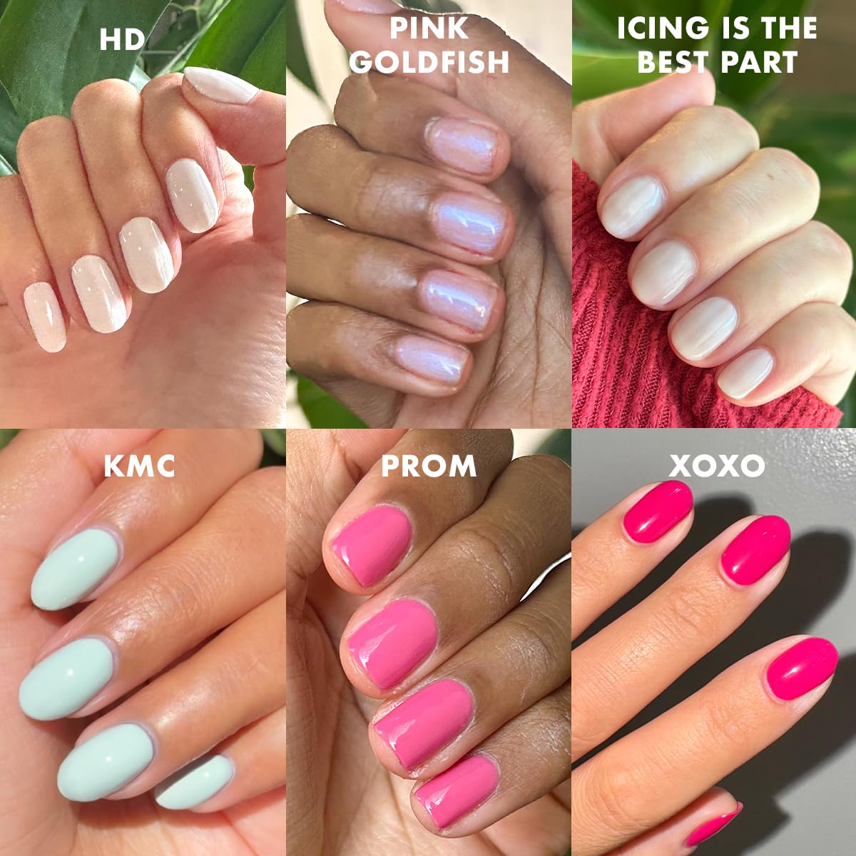 Olive & June Bestsellers Gel Polish Set | UV LED Nail Lamp Needed | Includes 6 Shades (HD, KMC, Pink Goldfish, Icing Is The Best Part, Prom, XOXO) + Gel Top Coat & Base Coat & Peel-Off Base HEMA-Free