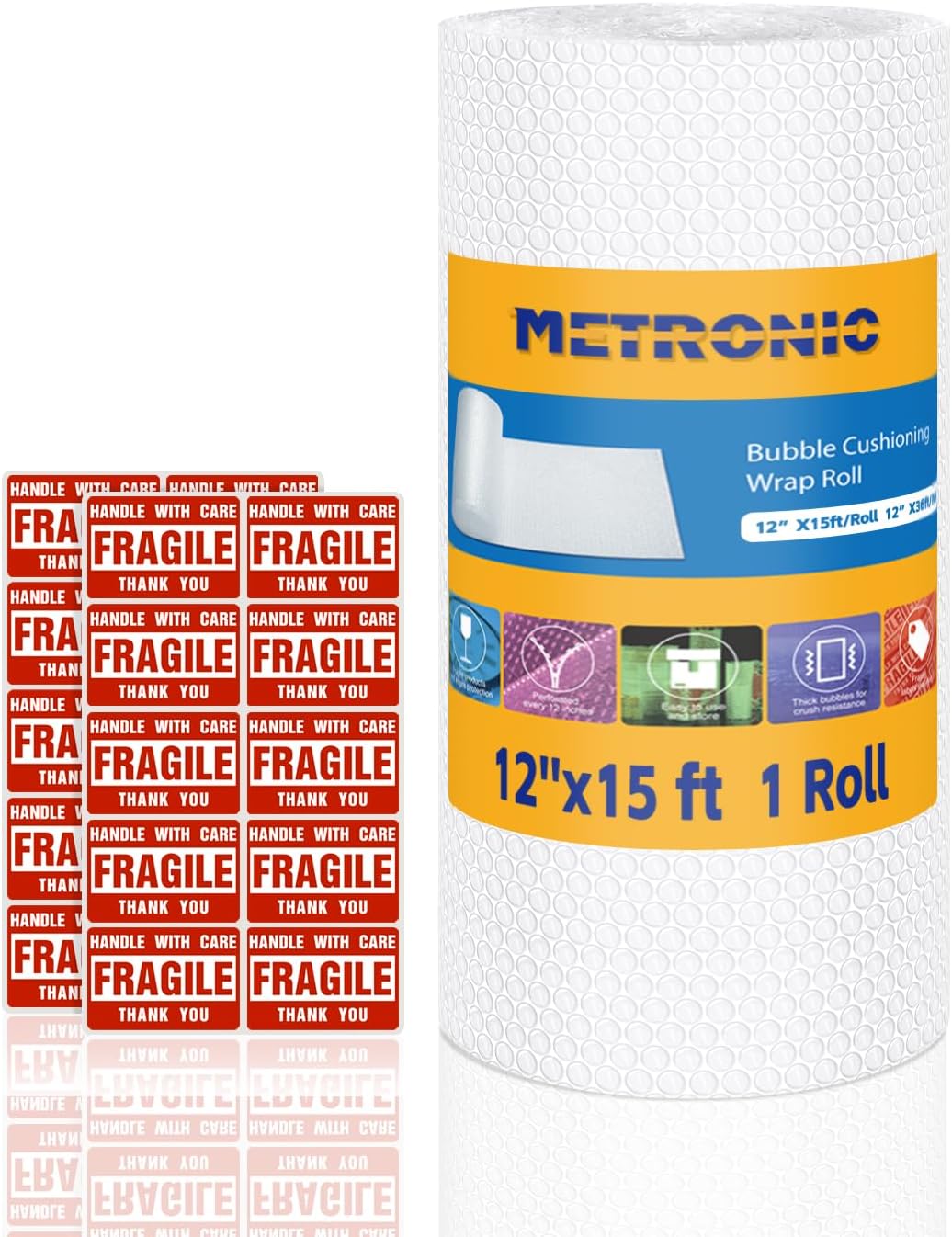 Metronic Bubble Cushioning Wrap 1 Pack 12 Inch x 15ft Total, Dense Bubble Packing Air Wrap Clear Bubble Packing Roll for Shipping and Moving Supplies