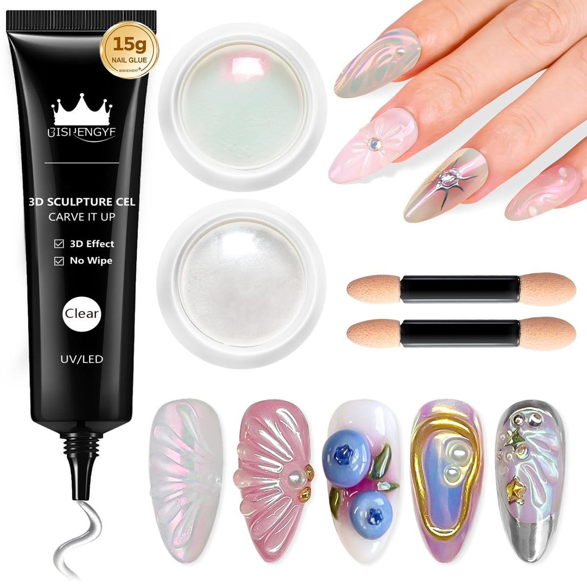 Clear 3D Nail Gel BISHENGYF: Super Shiny Pink White Clear Chrome Nail Powder 15g No Wipe 3D Sculpting Gel for Nail Art Non-Sticky Hand Hard Gel with Chrome Powder for Nails Art Home DIY