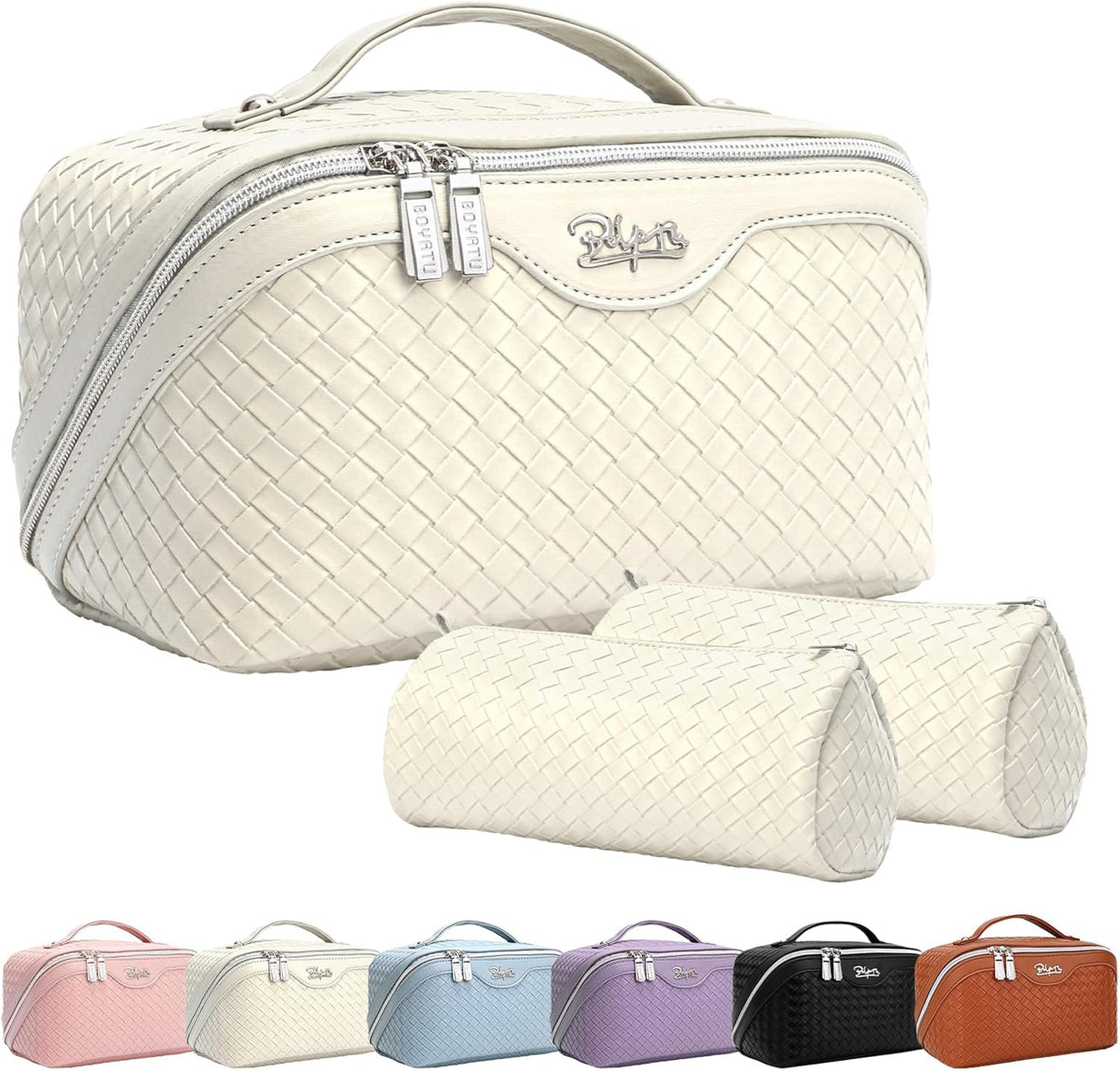 BOYATU Travel Makeup Bags for Women: Large Cosmetic Bag - Vegan Leather Make up Bags Set of 3 - Protable Toiletry Bag Compact Organizer with Compartments (L09 Beige)