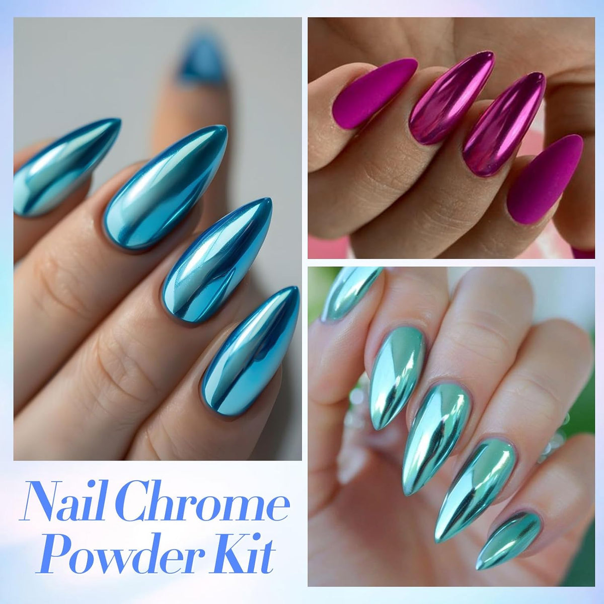 Born Pretty Mirror Chrome Nail Powder Set, 12 Colors Metallic Mirror Effect Nail Powder Gold Silver Rose Gold Red Blue Holographic Aurora Chameleon Pigment for Nail Art Gel Polish Decoration Sets