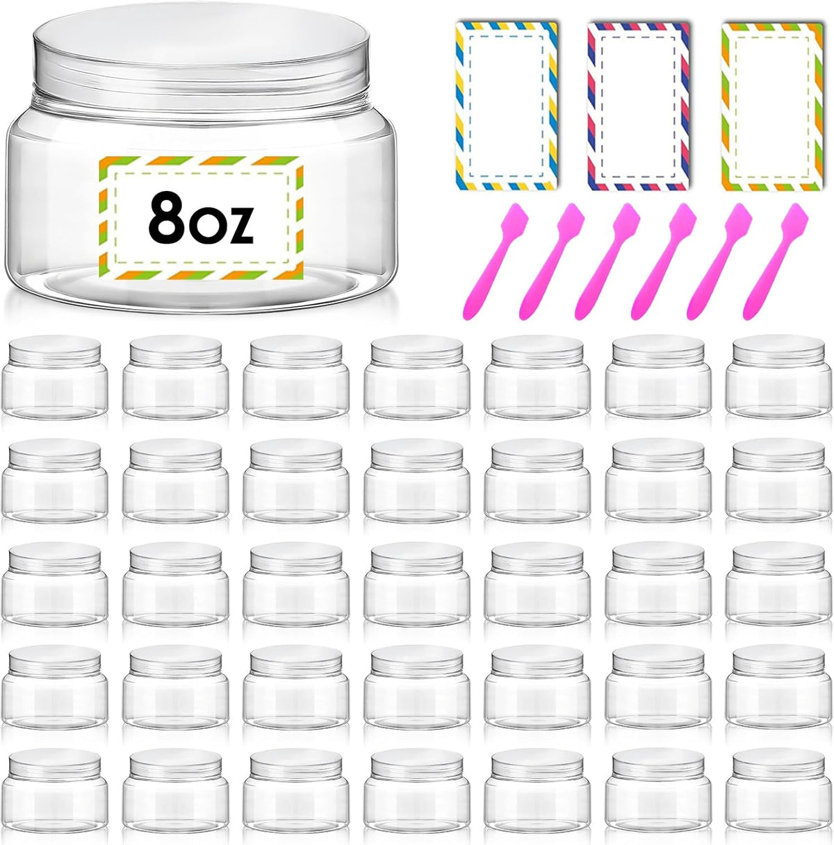 36 Pack 8 oz Plastic Cosmetic Containers With Lids Refillable Clear Empty Travle Jars Containers for Body Butter,Sugar Scrubs,Cream,Lotions,Candy, Waterproof Label&Spatulas - (Clear Lid)