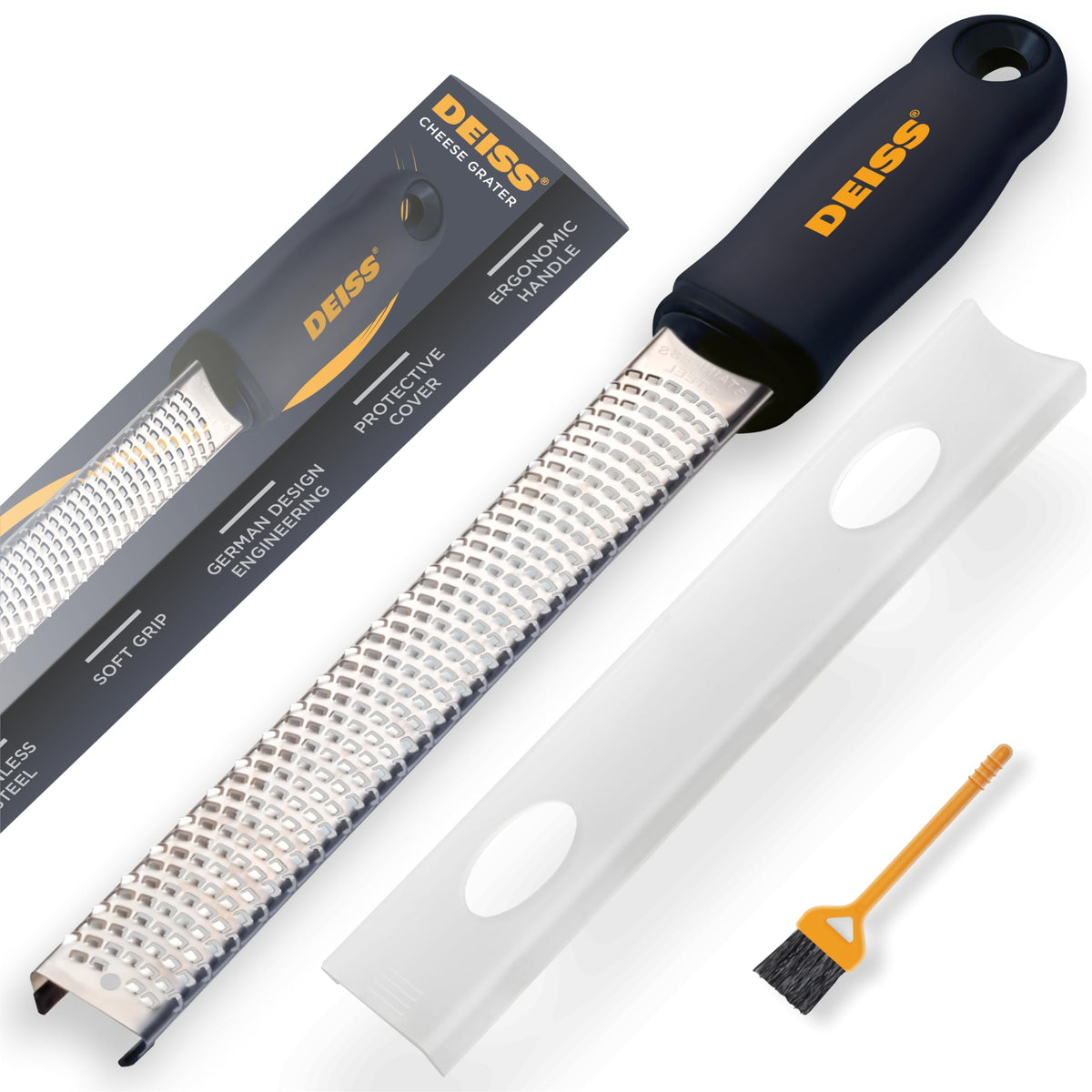 Deiss PRO Citrus Zester & Cheese Grater - Parmesan Cheese Lemon, Ginger, Garlic, Nutmeg, Chocolate, Vegetables, Fruits - Razor-Sharp Stainless Steel Blade, Wide, Dishwasher Safe (BLACK)