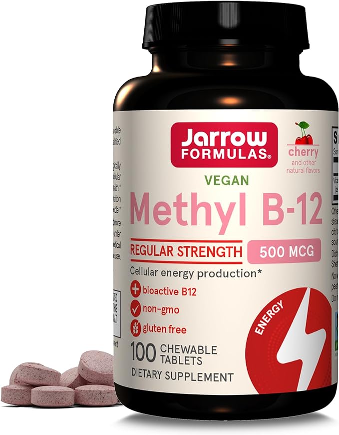 Jarrow Formulas® Methyl B-12 Tablets, 500 mg, Dietary Supplement For Cellular Energy Production and Brain Health Support, 100 Cherry Flavor Chewable Tablets, 100 Day Supply