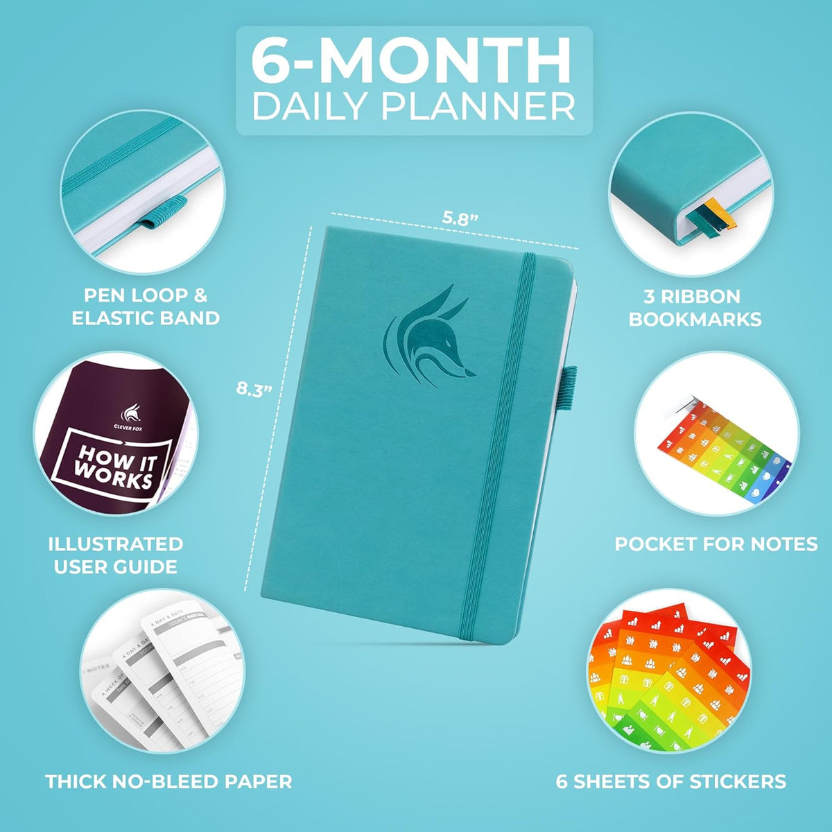Clever Fox Daily Planner – Undated Planning Notebook with Hourly Schedule & To-Do List – Personal Day Task & Work Organizer, 6 Months (Turquoise)