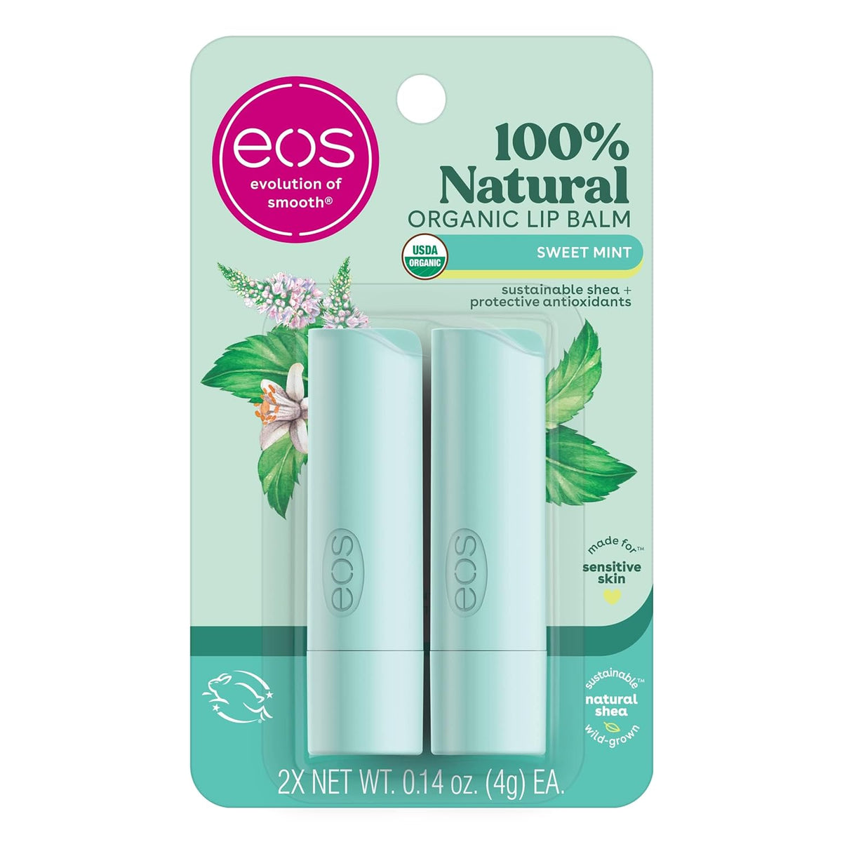 eos 100% Natural & Organic Lip Balm Sticks - Sweet Mint, All Natural Lip Balm, All-Day Moisture, Dermatologist Recommended, 0.14 oz, 2-Pack