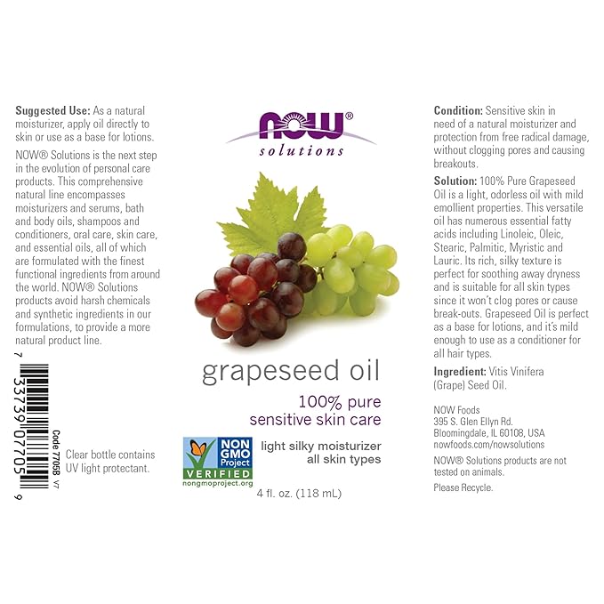 NOW Solutions, Grapeseed Oil, Skin Care for Sensitive Skin, Light Silky Moisturizer for All Skin Types, 4-Ounce (Pack of 2)