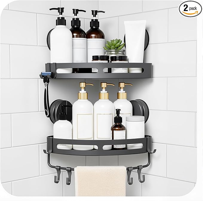 Corner Shower Caddy Suction Cup Shower Shelf Corner No Drilling Bathroom Shower Organizer Storage Rack Suction Cup Type with Towel Bar Hooks