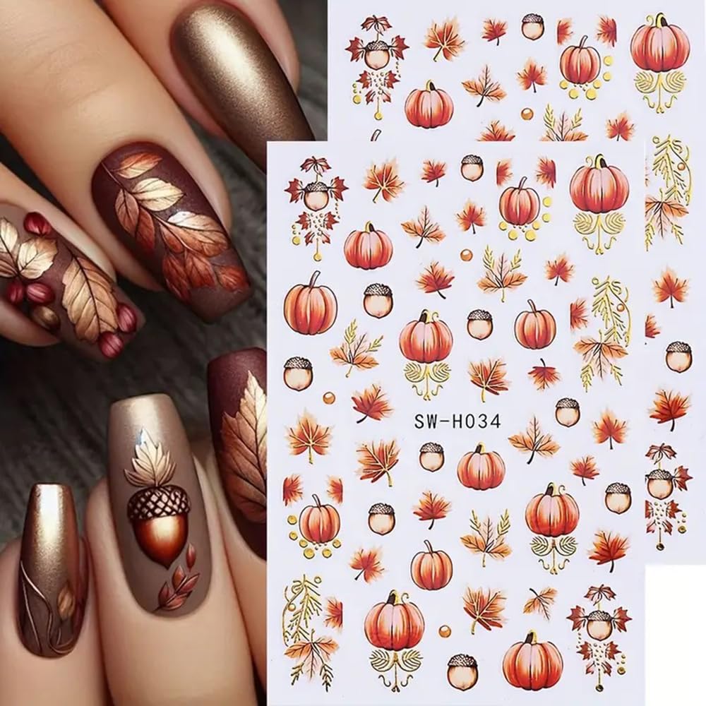 2 Sheets Fall Nail Stickers Autumn Maple Leaf Nail Art Stickers 3D Self Adhesive Maple Leaves Nails Decals for Nails Art Thanksgiving Day Nail Decoration Pumpkin Cute Manicure Supplies for Women