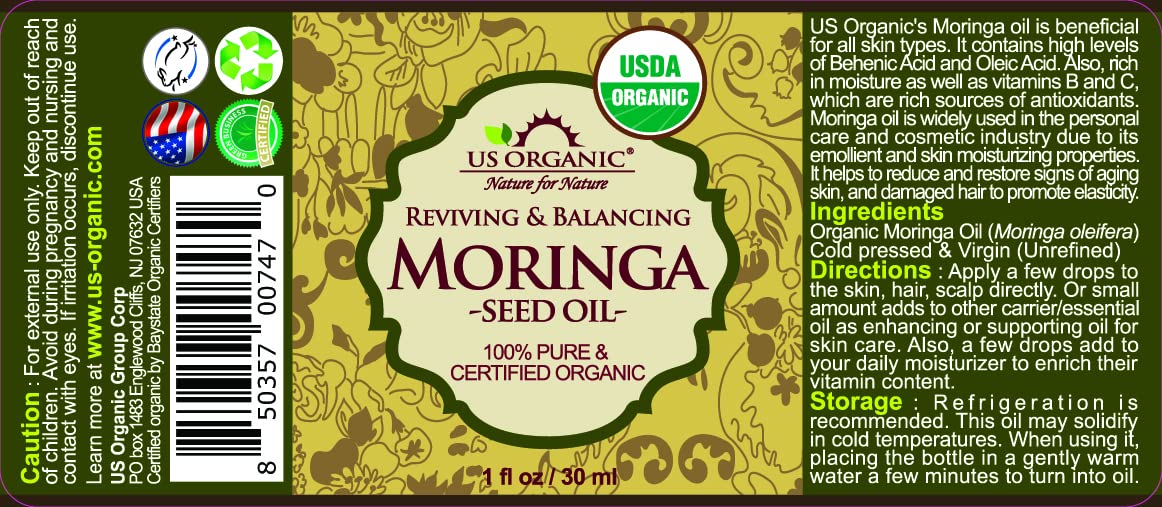 US Organic Moringa Oil, USDA Certified 100% Pure, Cold Pressed & Unrefined Non GMO, Vegan Oil, Natural Moisturizer for Skin, Face, Body, Hair, Good for Hair Growth, Fine Lines, Wrinkles (1 oz (30 ml))