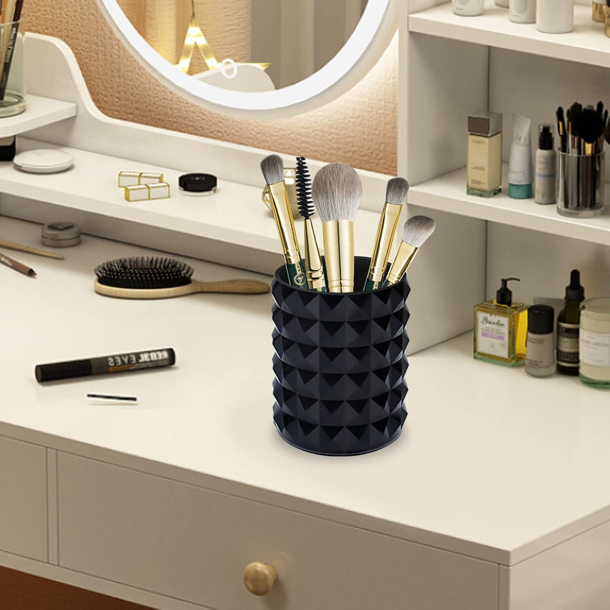 Acrylic Makeup Brush Holder Organizer, Black Pencil Pen Holder, Crystal Cosmetics Brushes Cup Storage Solution, Round