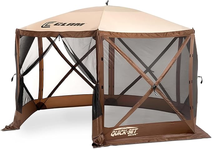CLAM Pop Up Screen Tent, Outdoor Camping Gazebo Canopy, Escape, 11.5', Brown - Heavy-Duty Portable Screened Shelter with Netting for Beach, Patio, and Backyard