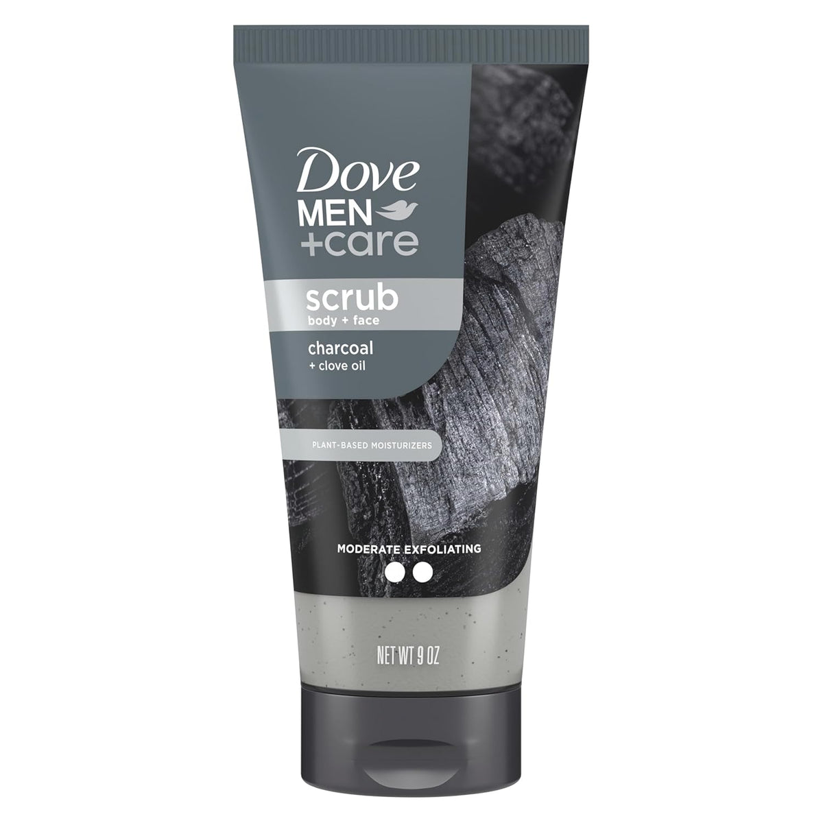 Dove Men+Care Body and Face Scrub Charcoal & Clove Oil Deeply Exfoliates for Hydrated & Nourished Skin 100% Gentle Cleanser, No Sulfate Cleansers or Parabens 9 oz