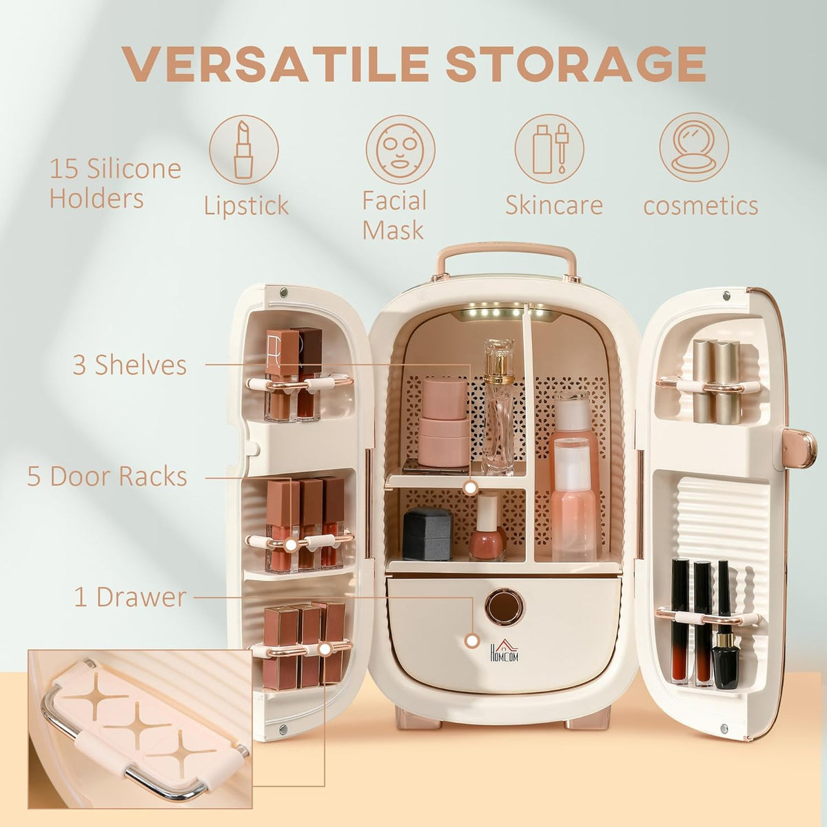 HOMCOM Portable Skincare Fridge with LED Display, 12L Mini Fridge for Beauty, Makeup and Cosmetics, Small Refrigerator Cooler for Bedroom, Home Office, Desktop, White