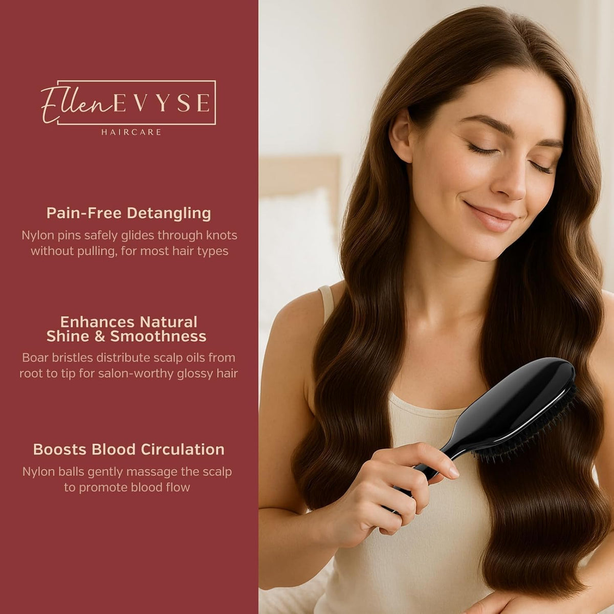 Boar Bristle Hair Brush,Nylon Pins and Boar Bristles for Smoothing,Detangling,Reducing Breakage and Enhancing Shine,Hairbrush for Women,Men