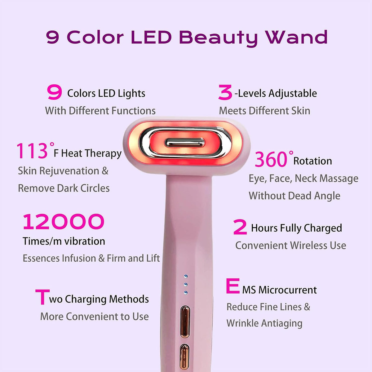 Red Light Therapy Wand for Face and Neck - 9 Color LED Massager - Multifunctional Anti-Wrinkle Face Lift Device - Microcurrent Facial Device for Skincare